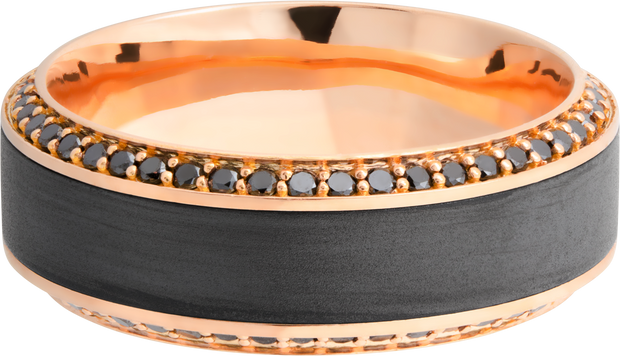 18K Rose gold 8.5mm beveled band with an inlay of zirconium and bead-set eternity black diamonds