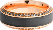 18K Rose gold 8.5mm beveled band with an inlay of zirconium and bead-set eternity black diamonds