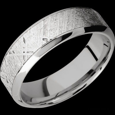 7 mm wide/High Bevel/18K White Gold band with one 4 mm Centered inlay of Meteorite.