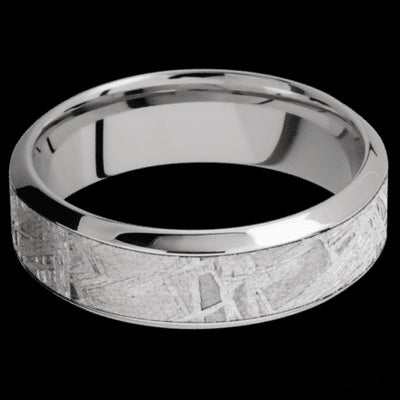 7 mm wide/High Bevel/18K White Gold band with one 4 mm Centered inlay of Meteorite.