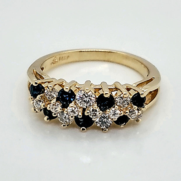 14kt Yellow Gold Three Row Sapphire and Diamond Ring