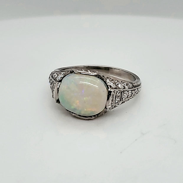 Art Deco Platinum Opal and Diamond Ring