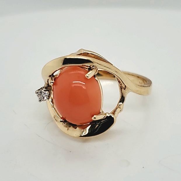 14kt Yellow Gold Coral and Diamond Ring