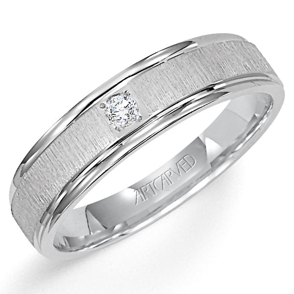 21-V3105W-G.00 - ARTCARVED - Comfort Fit wedding band with single diamond, vertical brushed finish and bright, rolled edges