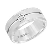 22-4629HC-G.00 - Goldman - 9MM White Tungsten Carbide Flat Comfort fit band. Horizontal Brush Finish with Bright Polished recessed center groove and Bevel Edge. Single Round Diamond set in a Square Bezel.