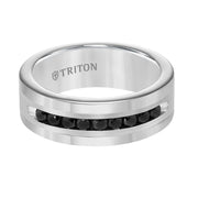 8MM Bright Polished Tungsten Carbide Comfort Fit band with Brush Finish Silver Inlay and 1/2 carat of Channel Set Black Diamonds.