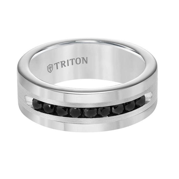 8MM Bright Polished Tungsten Carbide Comfort Fit band with Brush Finish Silver Inlay and 1/2 carat of Channel Set Black Diamonds.