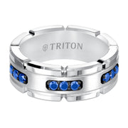 8mm White Tungsten Carbide Ring with Blue Sapphire Satin Center and Link Edge