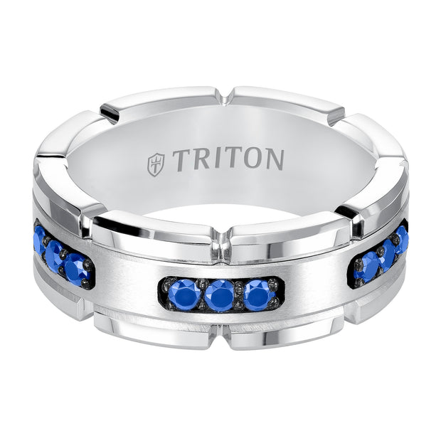 8mm White Tungsten Carbide Ring with Blue Sapphire Satin Center and Link Edge
