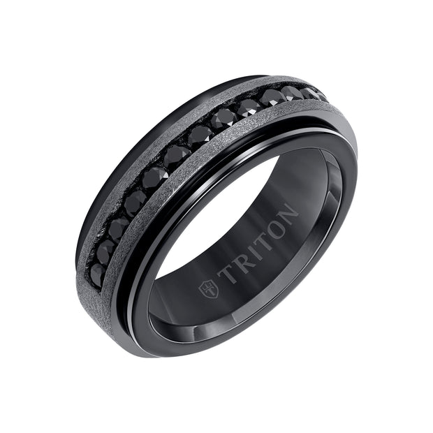 8mm Black Tungsten Carbide Ring with Black Sapphire Channel Set Silver Satin Finish