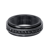 8mm Black Tungsten Carbide Ring with Black Sapphire Channel Set Silver Satin Finish