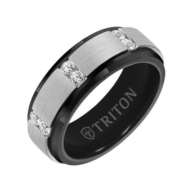 22-6091BCS-G.00 - Goldman - 8MM Black Tungsten Diamond Ring - Vertical Channel Set Silver Satin Finish and Bevel Edge