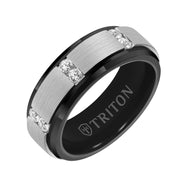 8MM Black Tungsten Diamond Ring - Vertical Channel Set Silver Satin Finish and Bevel Edge