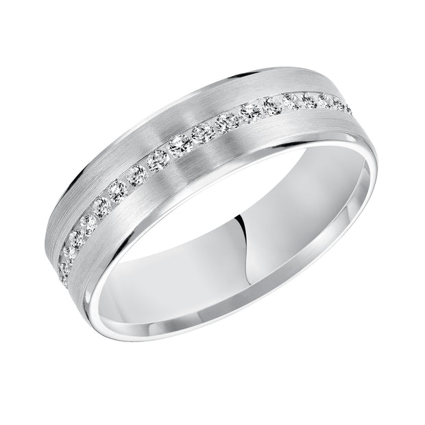 22-8107W-G.04 - Goldman - An Exquisite Row Diamonds Satin Finish and Rolled Edges Perfect the Luxurious Design of this Comfort Fit Wedding Band