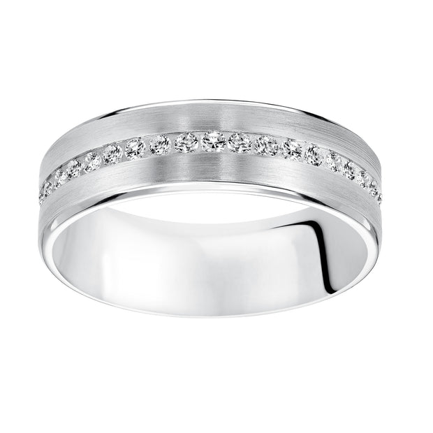 22-8107W-G.04 - Goldman - An Exquisite Row Diamonds Satin Finish and Rolled Edges Perfect the Luxurious Design of this Comfort Fit Wedding Band