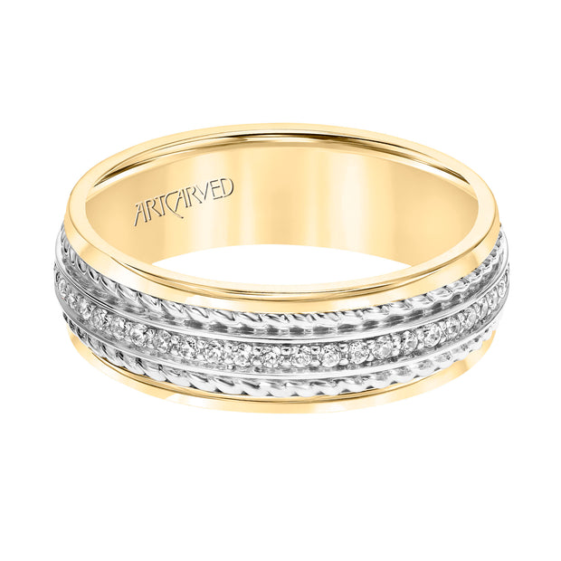 22-V8730YW7-G.01 - ARTCARVED - 7MM Wedding Band with Polished Finish and Double Rope with Diamond Center Inlay Detail