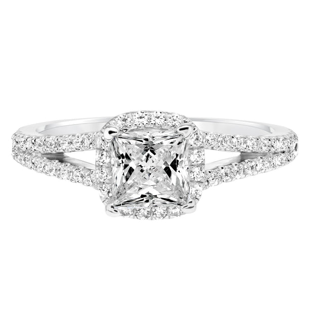 Classic Diamond Halo Split Shank Engagement Ring