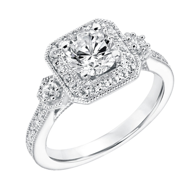 31-11011ERW-E.00 - Goldman - Three Stone Diamond Halo Engagement  Ring with Diamond Shank and Milgrain Detail