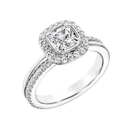 Diamond Halo Engagement Ring with Bezel Set Center and Double Row Asymmetrical Diamond and Polished Shank