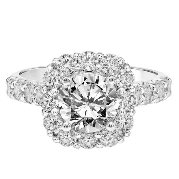Cushion Shape Diamond Halo Engagement Ring with Diamond Shank
