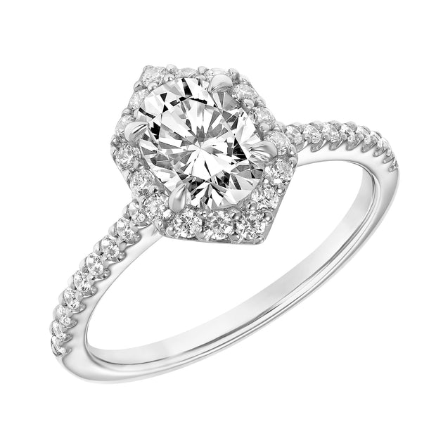 Contemporary Hexagon Halo Diamond Engagement Ring