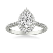 Classic Pear Diamond Halo Engagement Ring with Graduated Diamonds and Diamond Shank