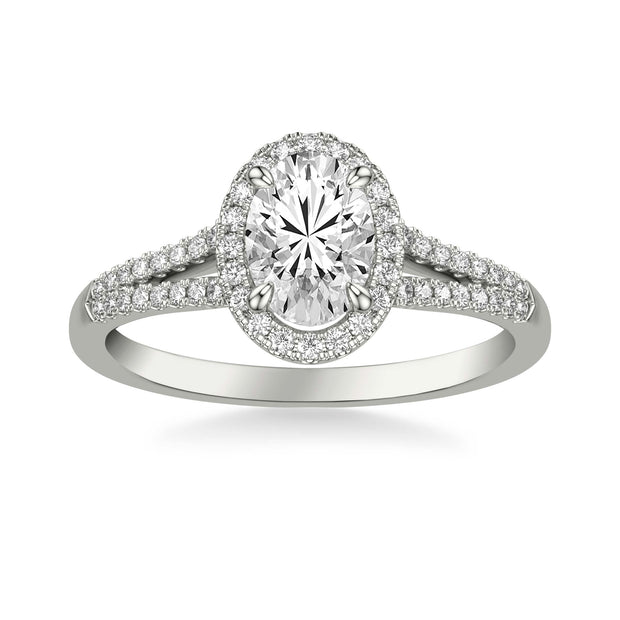 Contemporary Oval Halo Split Shank Diamond Engagement Ring