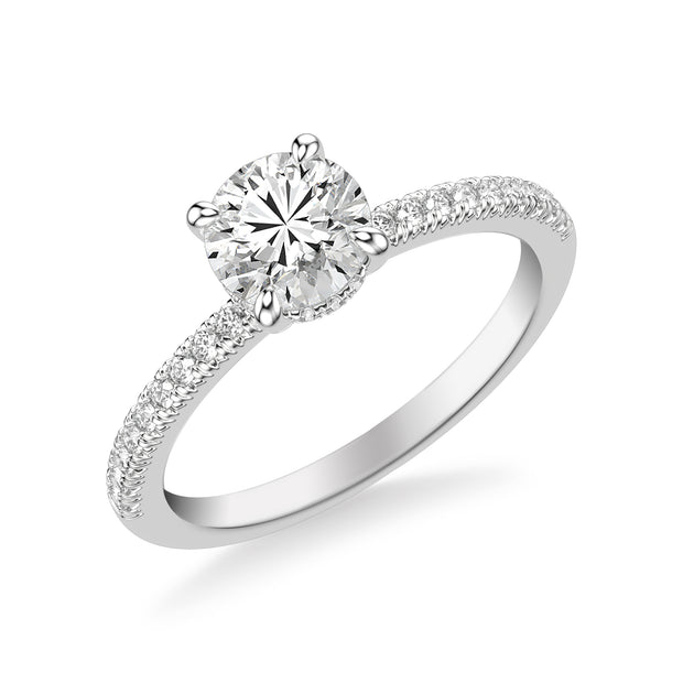 Classic Engagement Ring with Hidden Diamond Halo and Round French Pave Diamond Shank