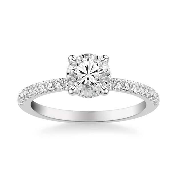 Classic Engagement Ring with Hidden Diamond Halo and Round French Pave Diamond Shank
