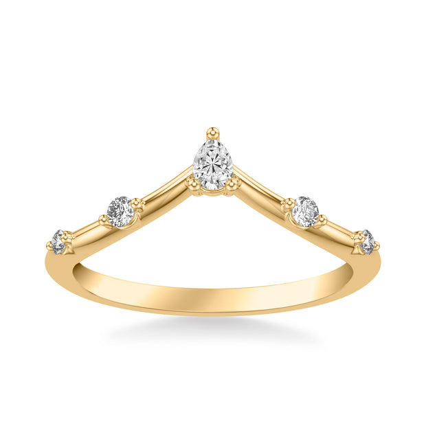 Classic V-Shaped Wedding Band with Single Diamond Stations and Petite Pear Diamond Accent