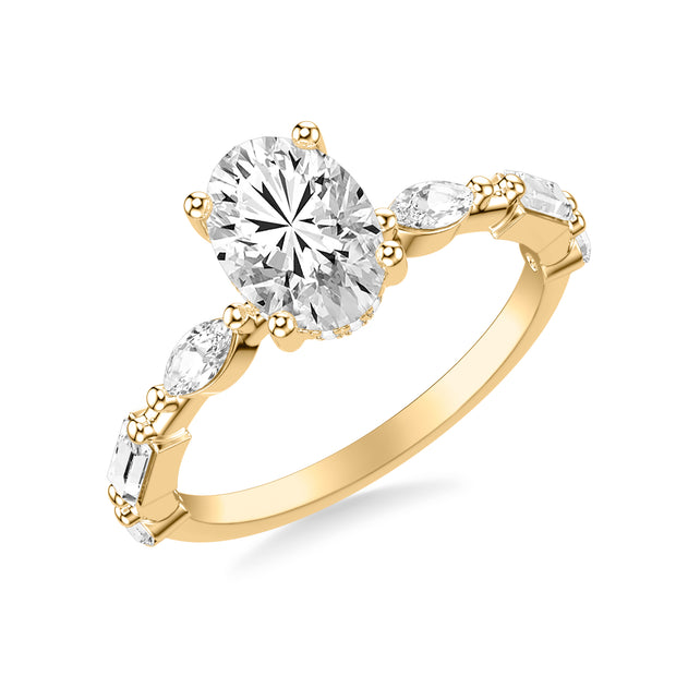 Contemporary Engagement Ring with Hidden Diamond Halo and Mixed Fancy Marquise and Baguette and Round Diamond Shank