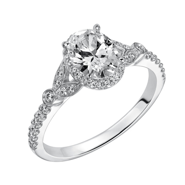 31-838EVW-E.00 - Goldman - This romantic and beautiful engagement ring features an oval cut diamond accentuated by a prong set diamond halo and petal-inspired band design