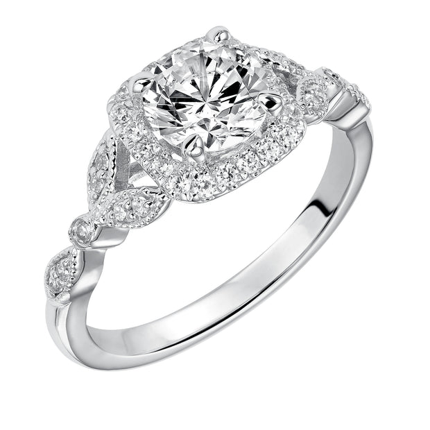 31-879ERW-E.00 - Goldman - This whimsically styled engagement ring sparkles with its filigree and diamond halo and diamond prong set floral-inspired band