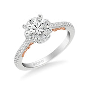 31-V1010GRWR-E.01 - ARTCARVED - Lyric Engagement Ring with Round Diamond Halo and Carved Gallery details with  Diamond Shank