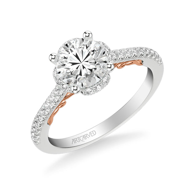 31-V1010GRWR-E.01 - ARTCARVED - Lyric Engagement Ring with Round Diamond Halo and Carved Gallery details with  Diamond Shank
