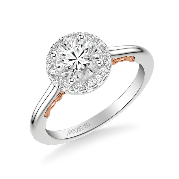 31-V1011ERWR-E.01 - ARTCARVED - Lyric Engagement Ring with Round Diamond Halo and Carved Gallery details with Polished Shank