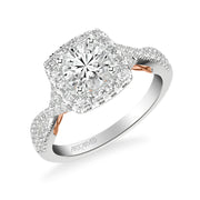 31-V1013ERWR-E.01 - ARTCARVED - Lyric Engagement Ring with Cushion Diamond Halo and Carved Gallery details with Twist Diamond Shank