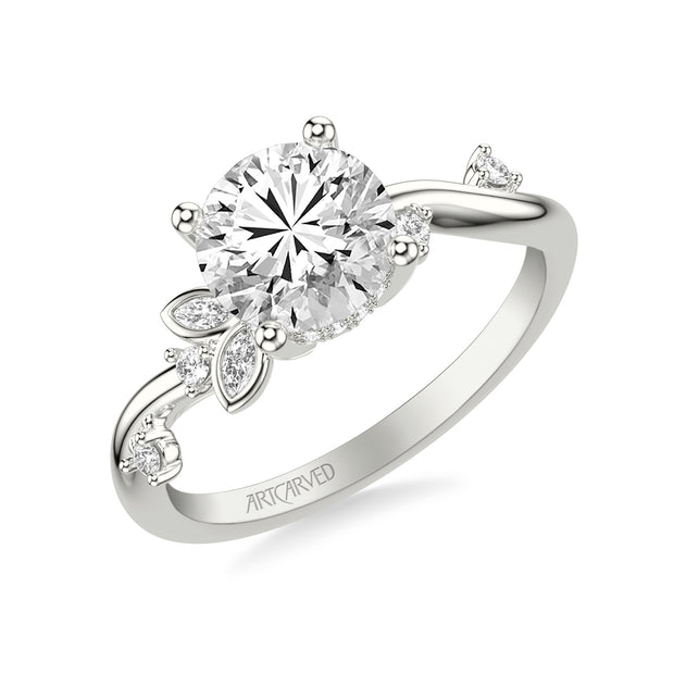 31-V1034DVW-E.01 - Goldman - Floral Engagement Ring with Asymmetrical Marquise Diamond Petals and Round Floating Diamond Accent Shank