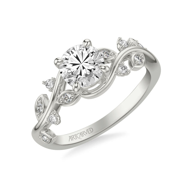 31-V1036DRW-E.01 - ARTCARVED - Floral Engagement Ring with Diamond Petal Accents and Floating Diamonds and Polished Shank