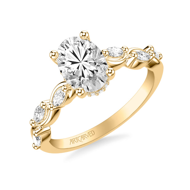 31-V1070GRY-E.01 - ARTCARVED - Floral Engagement Ring with Hidden Diamond Halo and Twisted Vine Bezel Set Marquise Diamonds