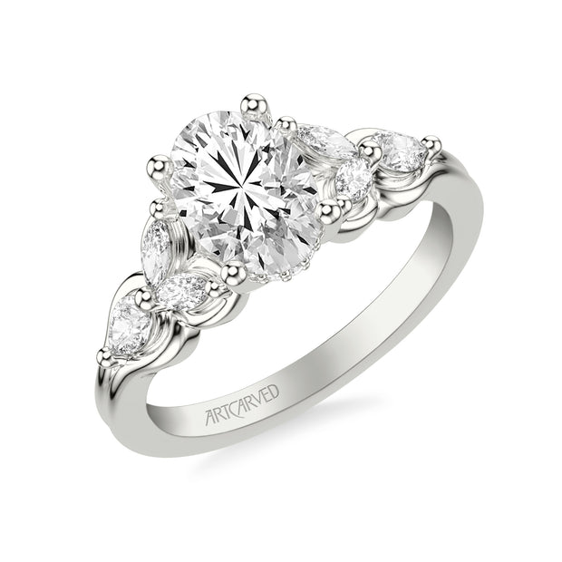 31-V1077GRW-E.01 - ARTCARVED - Floral Engagement Ring with Bezel Set Marquise Diamond Petals and Pear Diamond Accents with Double Row Polished Shank