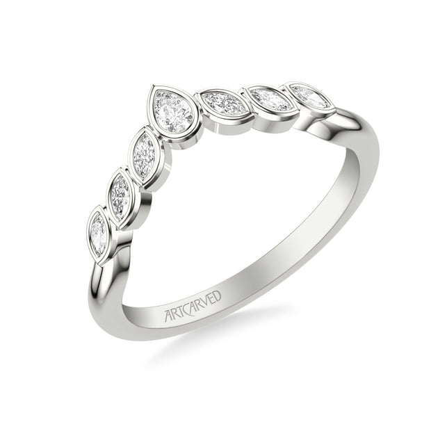 31-V1077W-L.00 - ARTCARVED - Floral Curved Wedding Band with Bezel Set Marquise and Pear Diamonds
