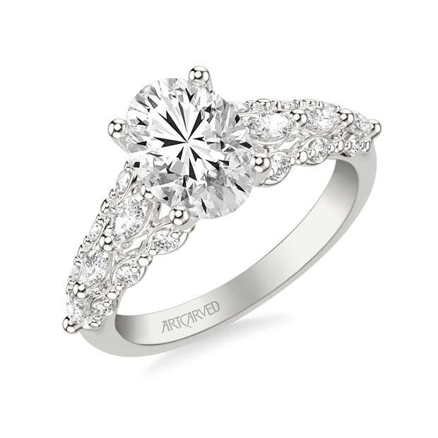 31-V1079GRW-E.01 - ARTCARVED -  Classic Engagement Ring with Cathedral Shank and Graduated Triple Row Prong Set Round and Marquise Diamond Shank