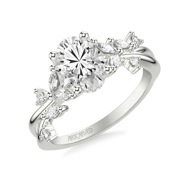 31-V1082GVW-E.01 - ARTCARVED - Floral Engagement Ring with Prong Set Marquise and Round Diamond Accents and Twisted Polished Shank