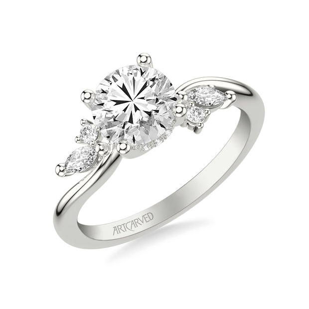31-V1083GRW-E.01 - Goldman - Floral Engagement Ring with Prong Set Marquise and Round Diamond Accents and Bypass Polished Shank