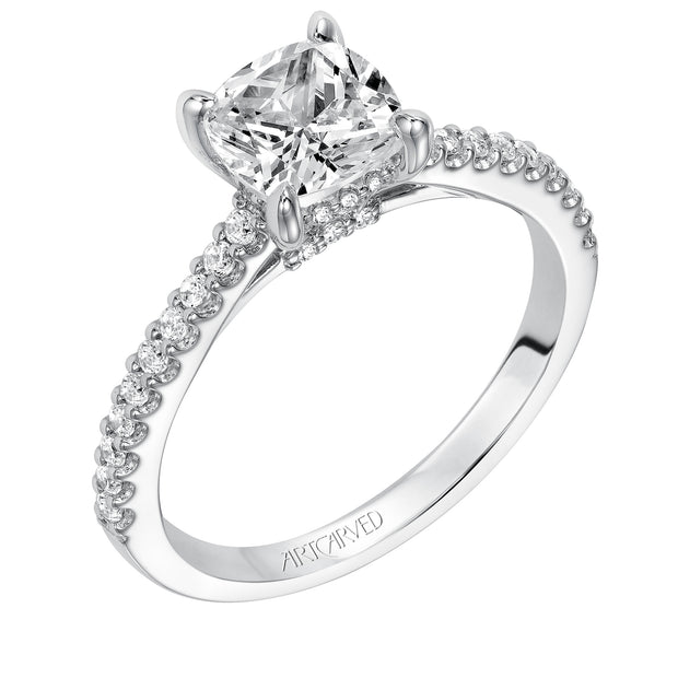31-V574GRW-E.01 - ARTCARVED - Willa, Classic prong set diamond engagement ring with diamond detailed crown and bridge with diamond accented shank