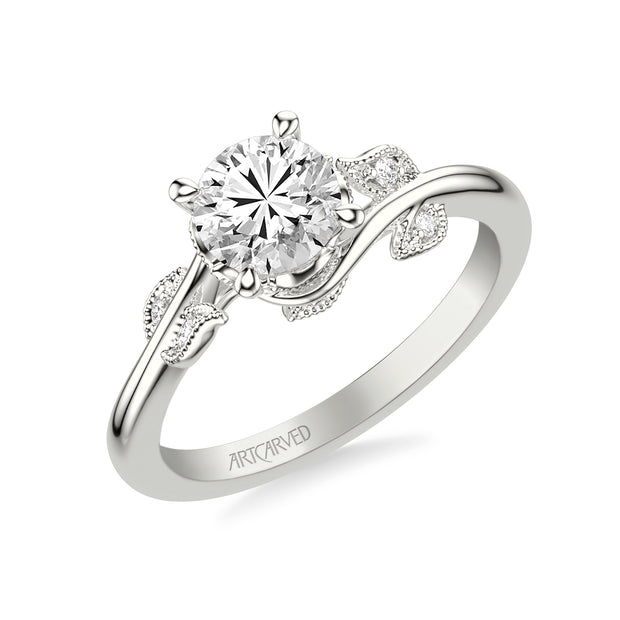 31-V783GRW-E.01 - ARTCARVED - Floral Engagement Ring with Diamond and Milgrain Accented Petal Gallery and Polished Shank