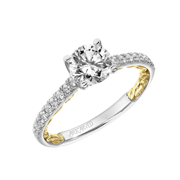 31-V912ERWY-E.01 - Goldman - Lyric Engagement Ring with Diamond Accent basket and Inner Carved details and Graduated Diamond Shank