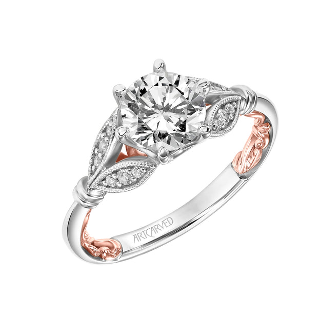 31-V916GRWR-E.01 - ARTCARVED - Lyric Engagement Ring with Six Prong Setting and Inner Carved details and Milgrian Petal Accents with Polished Shank