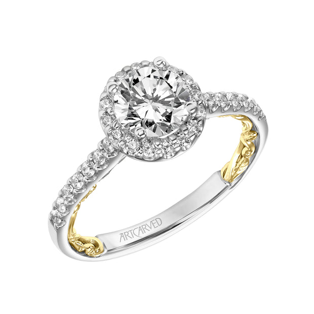 31-V924ERWY-E.01 - Goldman - Lyric Engagement Ring with Round Diamond Halo and Accented Diamond Gallery with Inner Carved details and Diamond Shank